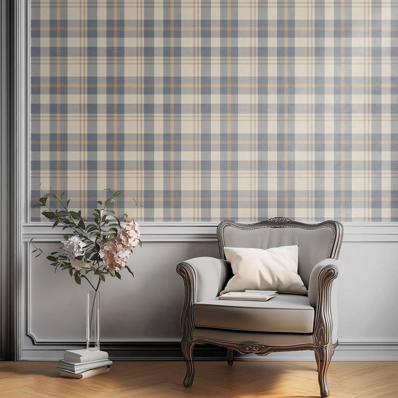 Interior Design Scandinavian - 중립적인 파란색과 베이지색 격자무늬 벽지, 아늑한