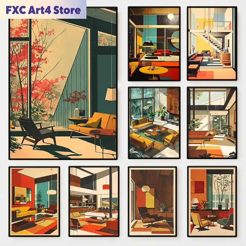 Interior Design Layout - 프레임리스 빈티지 인테리어 건축 포스터 미드